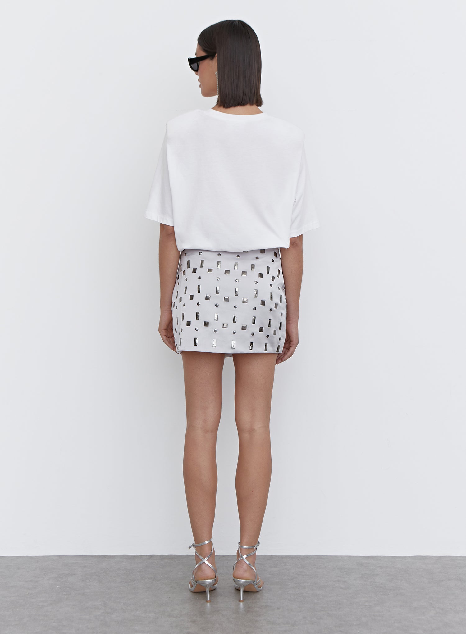 Silver Embellished Faux Leather Mini Skirt